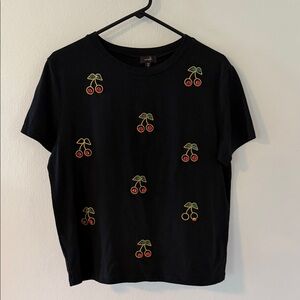 Black T-Shirt with Cherry Embroidery